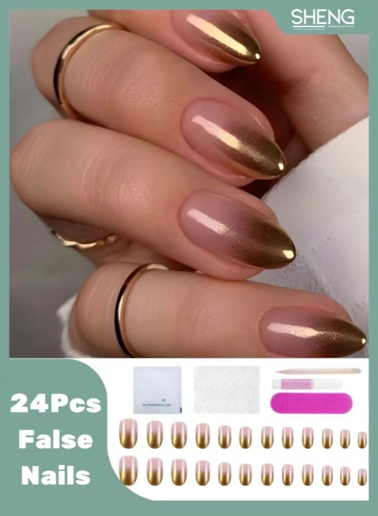 24pcs Gold Gradient Glitter False Nails + 5pcs Kit Press-On False Nails Wearable Nails