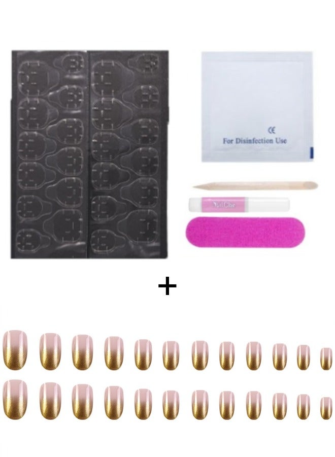 24pcs Gold Gradient Glitter False Nails + 5pcs Kit Press-On False Nails Wearable Nails