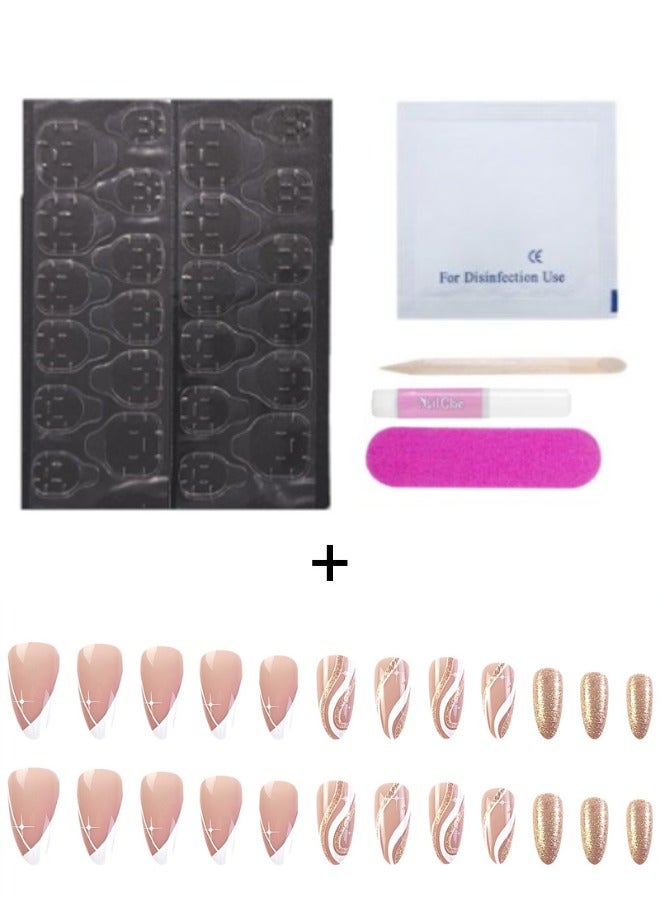 24pcs White Star and Gold Shiny False Nails + 5pcs Kit Press-On False Nails Wearable Nails