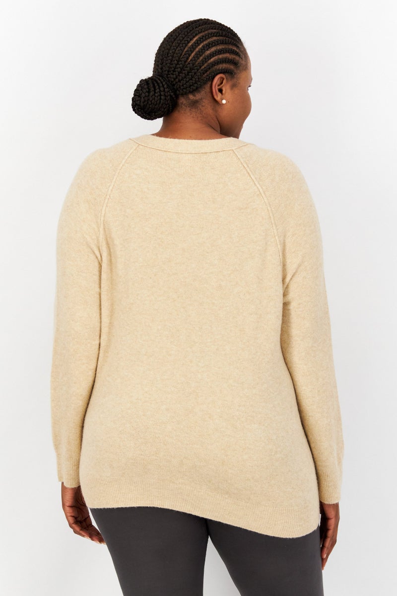 Women V-Neck Long Sleeve Textured Cardigan, Beige