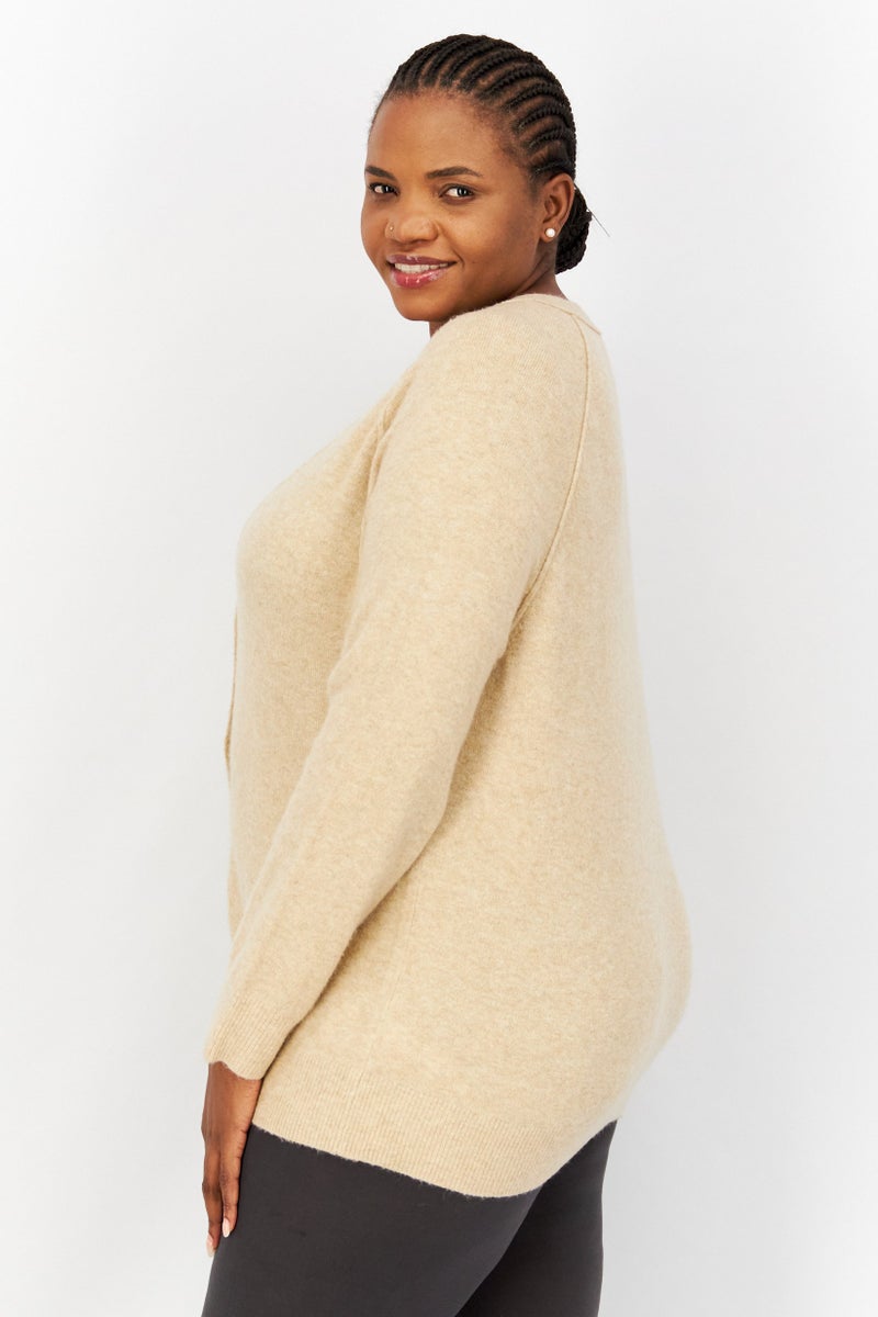 Women V-Neck Long Sleeve Textured Cardigan, Beige