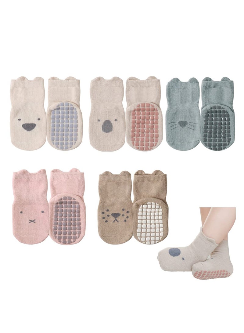 Adorable Cartoon Animal Anti-Slip Baby Socks for Girls and Boys 5 Pairs Toddler Kids Footwear