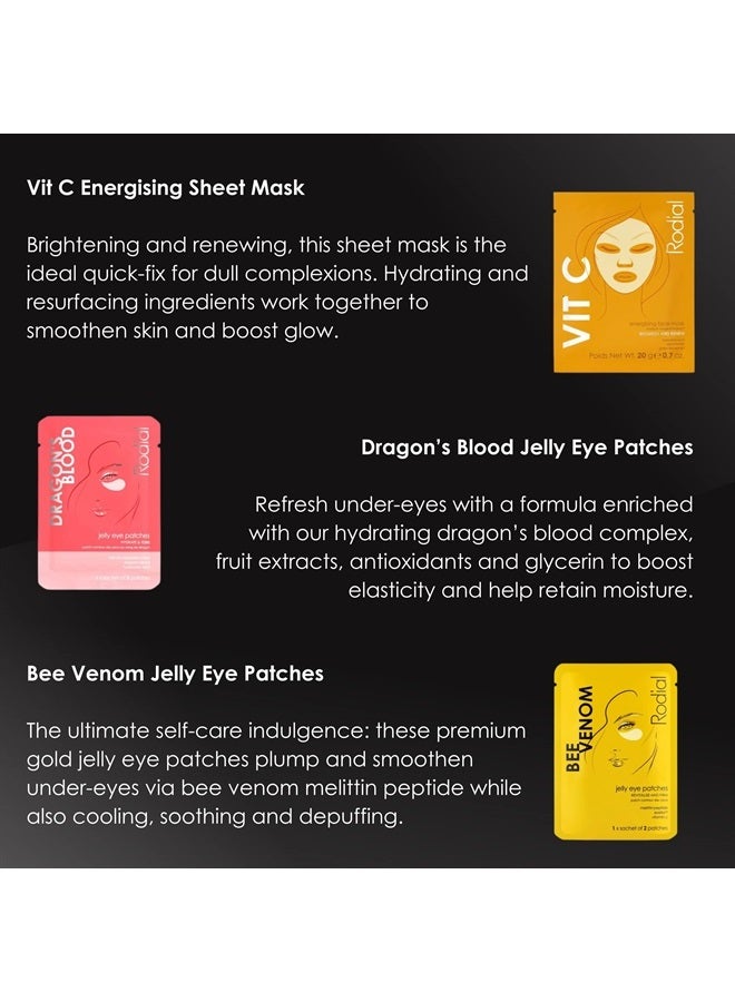 Snake Oxygenating & Cleansing Bubble Mask – 20g Pink Diamond Lifting Face Mask – 20g Vit C Energising Face Mask – 20g Dragon's Blood Jelly Eye Patches – 4g Bee Venom Jelly Eye Patches – 4g