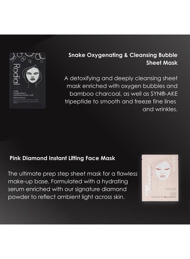Snake Oxygenating & Cleansing Bubble Mask – 20g Pink Diamond Lifting Face Mask – 20g Vit C Energising Face Mask – 20g Dragon's Blood Jelly Eye Patches – 4g Bee Venom Jelly Eye Patches – 4g