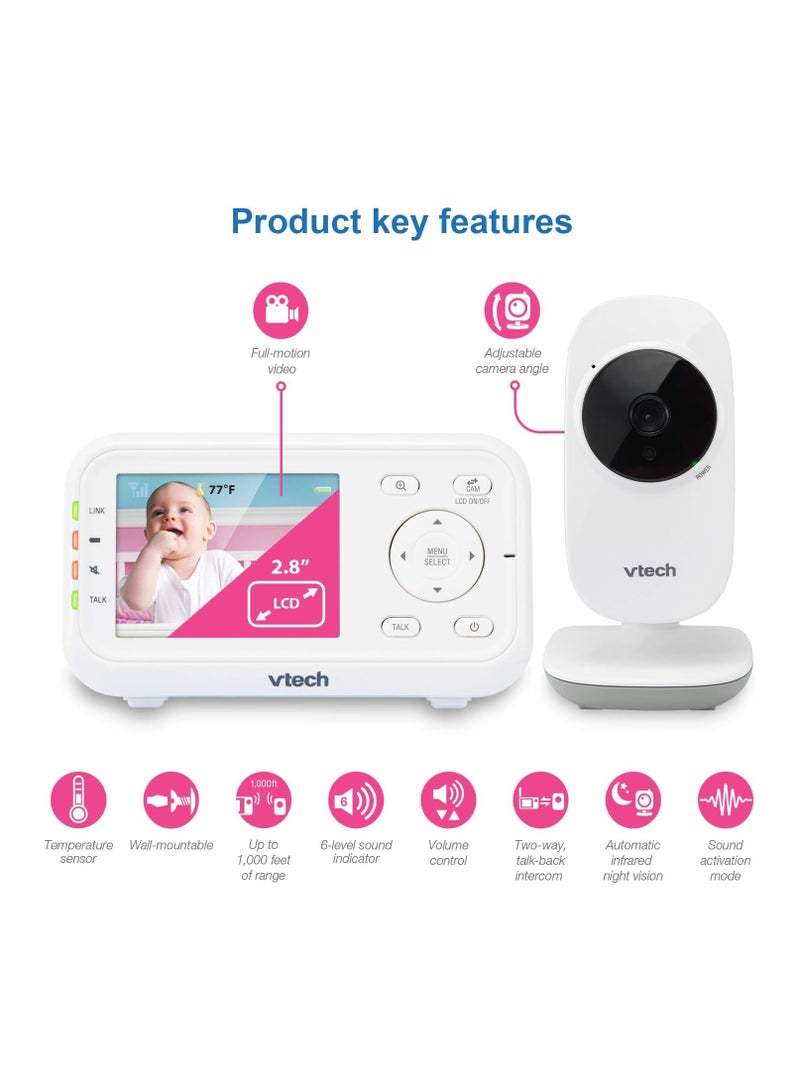 VTech Video Baby Monitor with 1000ft Long Range, Auto Night Vision, 2.8” Screen, 2-Way Audio Talk, Temperature Sensor, Power Saving Mode, Lullabies and Wall-mountable Camera with bracket