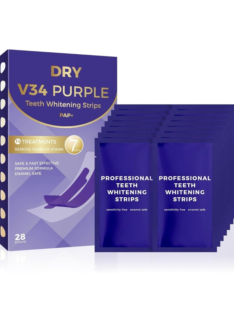 V34 Purple Dry Teeth Whitening Strips 14 Treatments 28 Strips Dry Whitening Strips with Pap + and V34 Safe Effective No Residue Whiten Teeth Strips Remove Tea Coffee and Food Stains V34 Teeth Whitening Strips