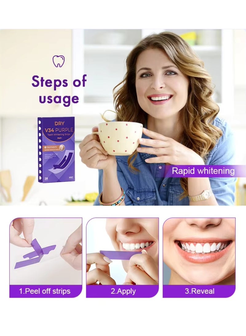 V34 Purple Dry Teeth Whitening Strips 14 Treatments 28 Strips Dry Whitening Strips with Pap + and V34 Safe Effective No Residue Whiten Teeth Strips Remove Tea Coffee and Food Stains V34 Teeth Whitening Strips