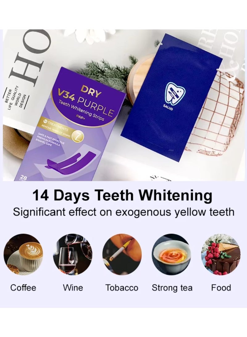 V34 Purple Dry Teeth Whitening Strips 14 Treatments 28 Strips Dry Whitening Strips with Pap + and V34 Safe Effective No Residue Whiten Teeth Strips Remove Tea Coffee and Food Stains V34 Teeth Whitening Strips