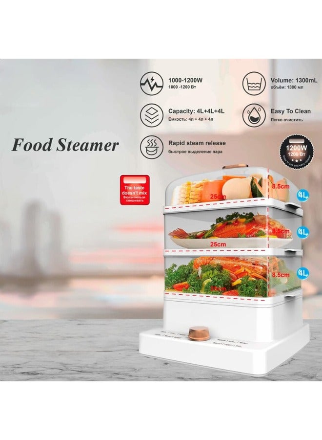 Electric Food Steamer, 1200W Fast Heating with 3 Stackable Tiers, 11 Quart (12L) Large Capacity Steamer for Vegetables, Meats, Grains | Simultaneous Cooking | Auto Shutoff & Anti-Dry Protection