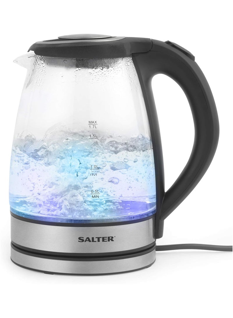 Illuminated Glass Kettle with Blue LED Lights, 1.7 l, 2200 W, Silver/Black, 18.5 x 21.5 x 23