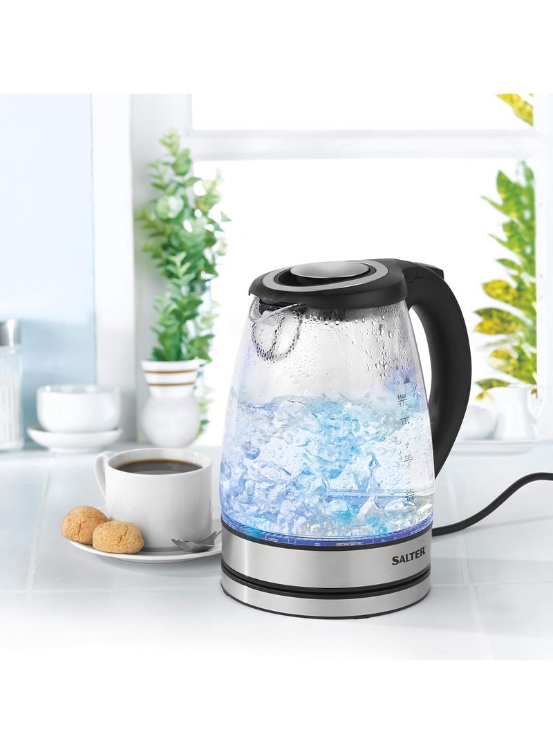 Illuminated Glass Kettle with Blue LED Lights, 1.7 l, 2200 W, Silver/Black, 18.5 x 21.5 x 23