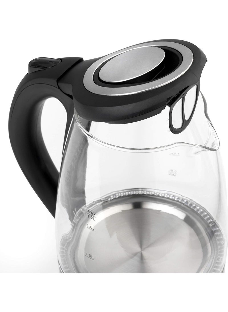 Illuminated Glass Kettle with Blue LED Lights, 1.7 l, 2200 W, Silver/Black, 18.5 x 21.5 x 23