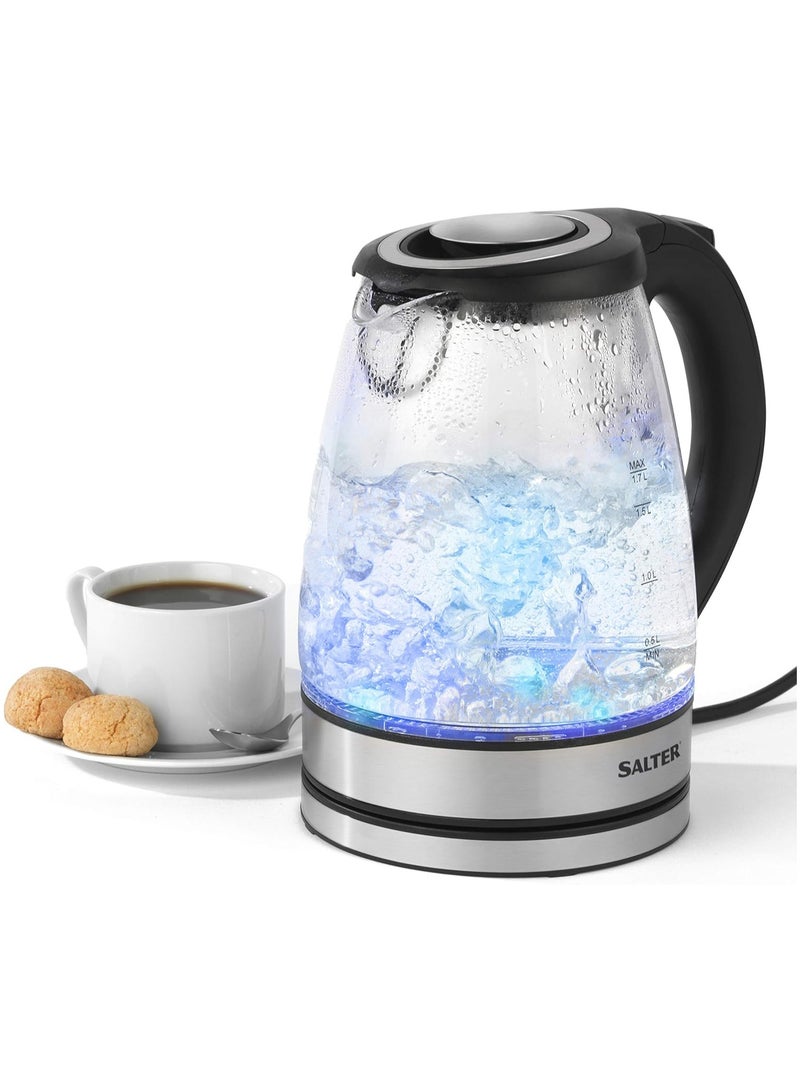 Illuminated Glass Kettle with Blue LED Lights, 1.7 l, 2200 W, Silver/Black, 18.5 x 21.5 x 23