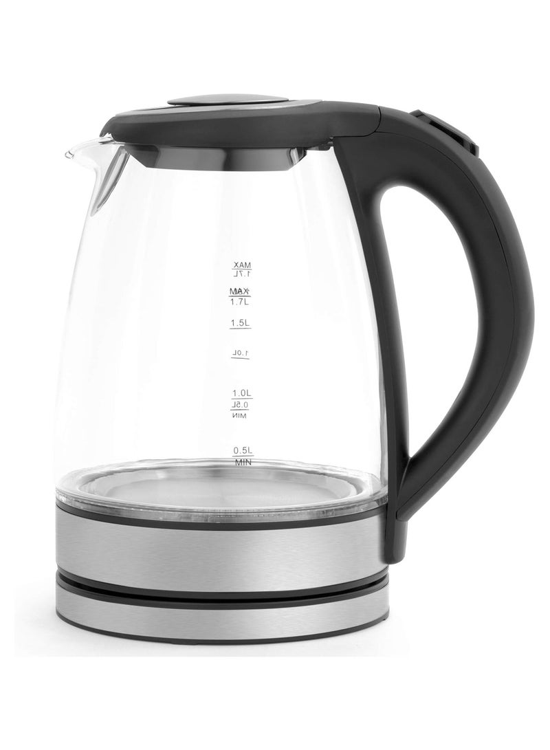 Illuminated Glass Kettle with Blue LED Lights, 1.7 l, 2200 W, Silver/Black, 18.5 x 21.5 x 23