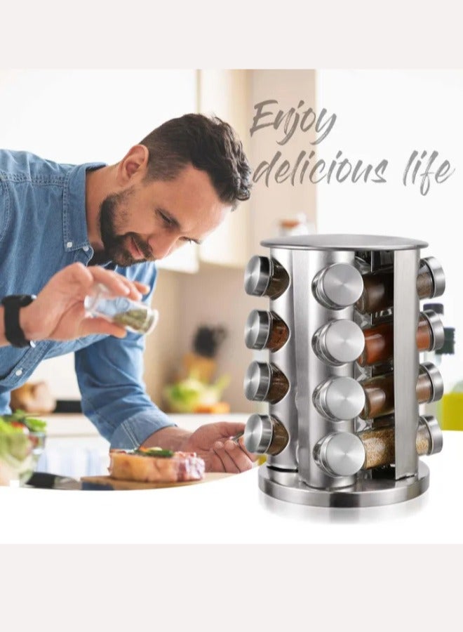 Stainless Steel Canister Set with Turnable Holder 360 Degree Revolving Round Shape Transparent Spice Rack Container Multipurpose Uses Storage Set Condiment Masala Rack