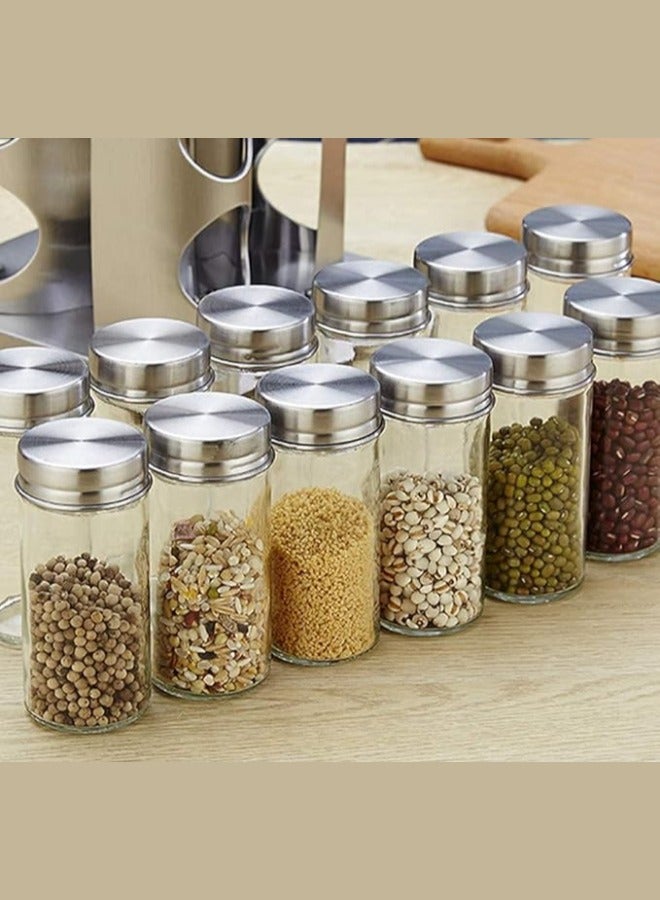 Stainless Steel Canister Set with Turnable Holder 360 Degree Revolving Round Shape Transparent Spice Rack Container Multipurpose Uses Storage Set Condiment Masala Rack