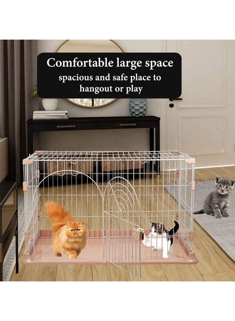 Indoor cat cage with Base widening buckle and door with push-pull switch, Thickened metal wire, Arched door design, Suitable for multiple cats, Easy to assemble and foldable cage (Pink)