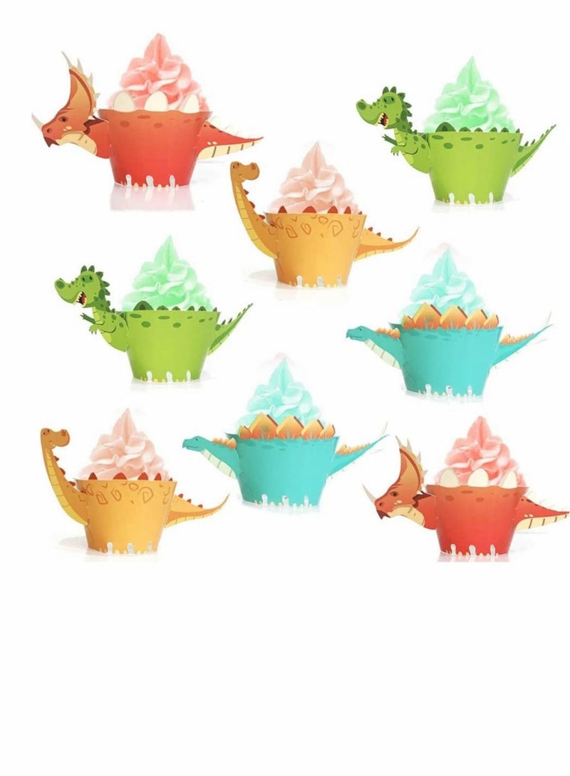 48 Pieces Dinosaur Cupcake Wrappers Toppers Safari Jungle Animal Theme Birthday Party Little Dino Cupcake Decorations for Boys Kids