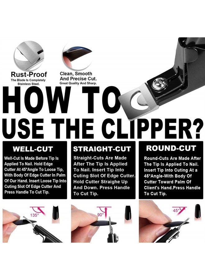 Black Premium Adjustable Stainless Steel Artificial Acrylic Fake False Nail Tip Clipper Cutter Trimmer Manicure Pedicure Sharp Blade Clip Tool for Salon Home Nail Art Beauty Design DIY