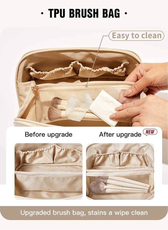 Travel Makeup Bag,Large Capacity Cosmetic Bags for Women,Waterproof Portable Pouch Open Flat Toiletry Bag Make up Organizer with Divider and Handle (Braided-White)