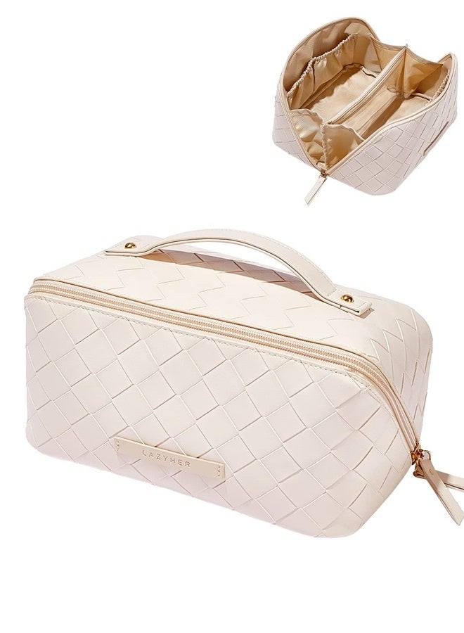 Travel Makeup Bag,Large Capacity Cosmetic Bags for Women,Waterproof Portable Pouch Open Flat Toiletry Bag Make up Organizer with Divider and Handle (Braided-White)