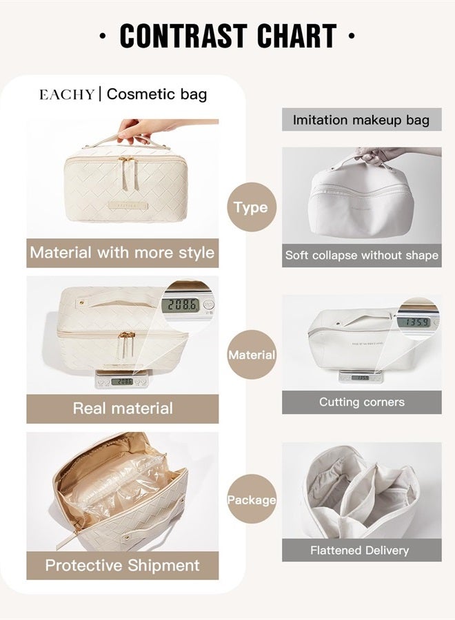 Travel Makeup Bag,Large Capacity Cosmetic Bags for Women,Waterproof Portable Pouch Open Flat Toiletry Bag Make up Organizer with Divider and Handle (Braided-White)
