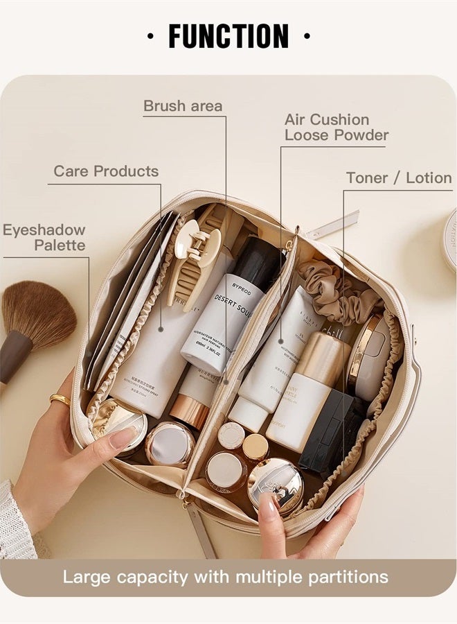 Travel Makeup Bag,Large Capacity Cosmetic Bags for Women,Waterproof Portable Pouch Open Flat Toiletry Bag Make up Organizer with Divider and Handle (Braided-White)