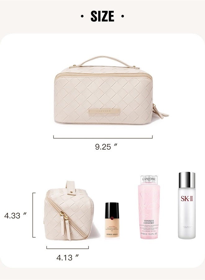 Travel Makeup Bag,Large Capacity Cosmetic Bags for Women,Waterproof Portable Pouch Open Flat Toiletry Bag Make up Organizer with Divider and Handle (Braided-White)