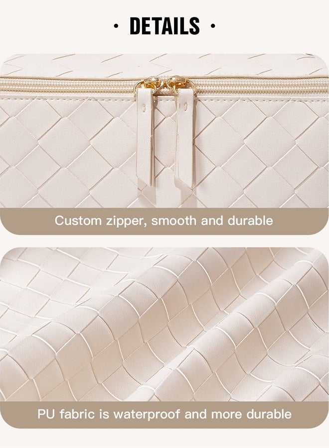 Travel Makeup Bag,Large Capacity Cosmetic Bags for Women,Waterproof Portable Pouch Open Flat Toiletry Bag Make up Organizer with Divider and Handle (Braided-White)