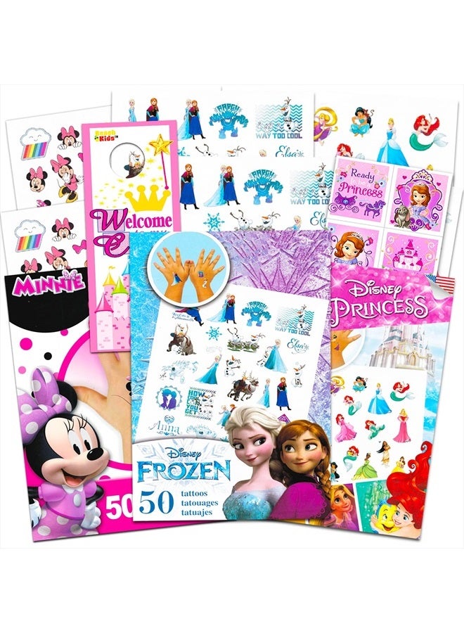 Tattoos Party Favor Set for Girls - 150 Temporary Tattoos Featuring Minnie Mouse, Disney Princess and Frozen with Stickers and Door Hanger (6 Tattoo Sheets)