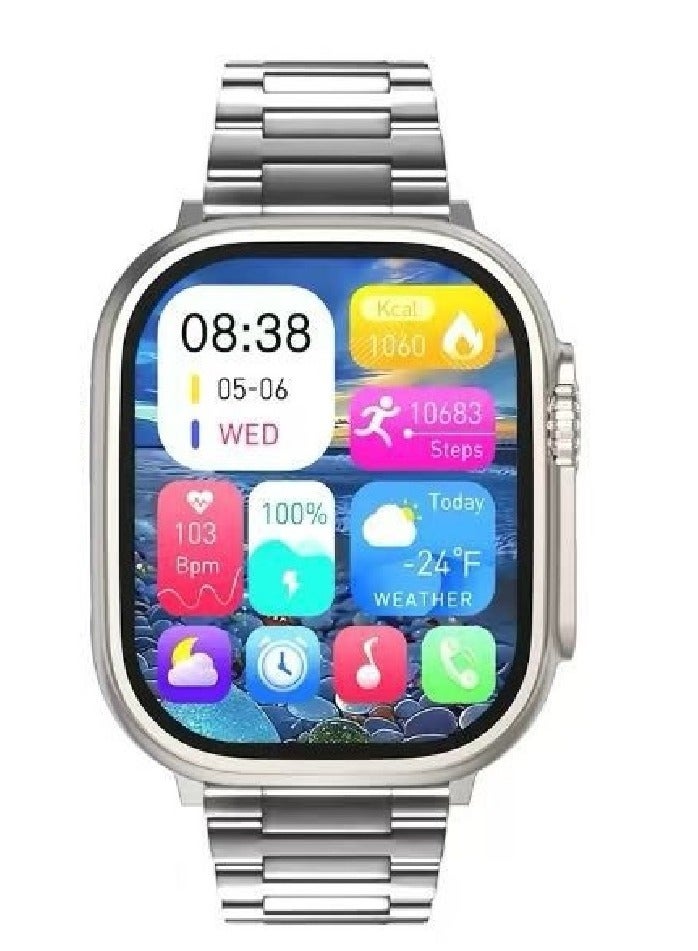 New Smart Watch, SQ10 Ultra 2 with 4 pairs Strap, AMOLED Display and Wireless Charger for Men’s Silver