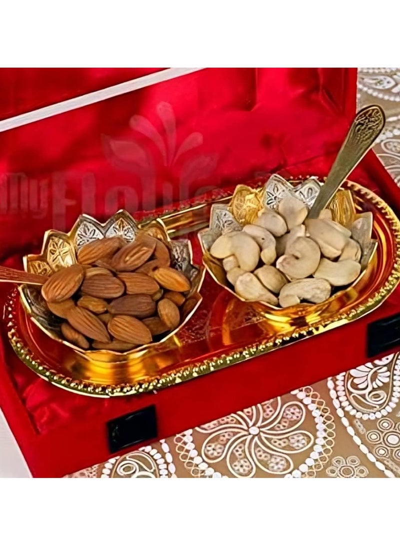 Garden Of Arts Fancy Metal Gold And Silver Plated Floral Flower Shape 5 Pieces Set 2 Bowls 2 Spoons 1 Tray In Red Velvet Box Ideal For Dryfruits Party Prop Also Known As Pandan