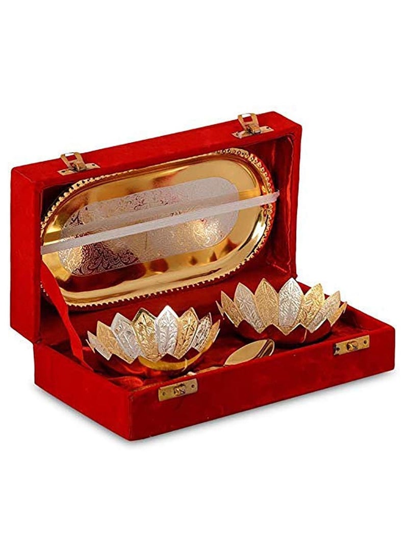 Garden Of Arts Fancy Metal Gold And Silver Plated Floral Flower Shape 5 Pieces Set 2 Bowls 2 Spoons 1 Tray In Red Velvet Box Ideal For Dryfruits Party Prop Also Known As Pandan