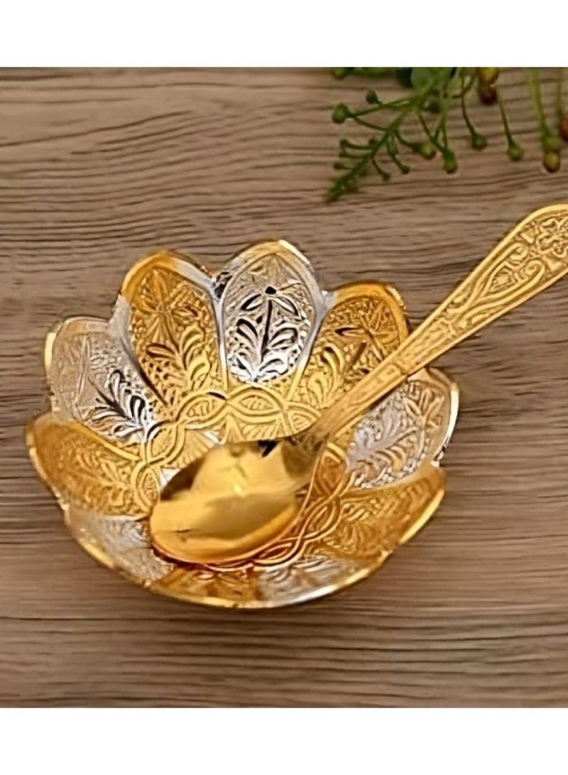 Garden Of Arts Fancy Metal Gold And Silver Plated Floral Flower Shape 5 Pieces Set 2 Bowls 2 Spoons 1 Tray In Red Velvet Box Ideal For Dryfruits Party Prop Also Known As Pandan