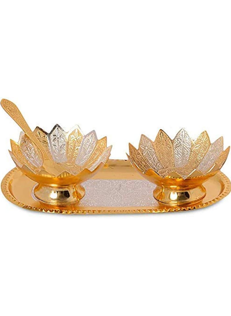 Garden Of Arts Fancy Metal Gold And Silver Plated Floral Flower Shape 5 Pieces Set 2 Bowls 2 Spoons 1 Tray In Red Velvet Box Ideal For Dryfruits Party Prop Also Known As Pandan