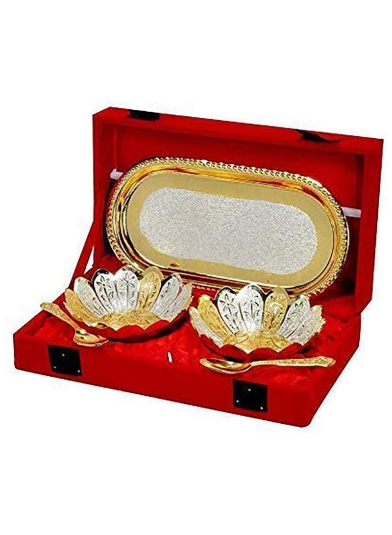 Garden Of Arts Fancy Metal Gold And Silver Plated Floral Flower Shape 5 Pieces Set 2 Bowls 2 Spoons 1 Tray In Red Velvet Box Ideal For Dryfruits Party Prop Also Known As Pandan