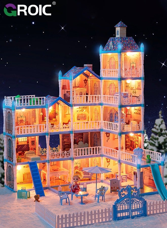 Dollhouse Doll House Toys, 5 Storeys 16 Rooms 3 Balcony, Large Dreamhouse Pretend Play Building Playset with 16 Rooms, Courtyard, Led Light & Slide, Dollhouse Asseccories and Furniture