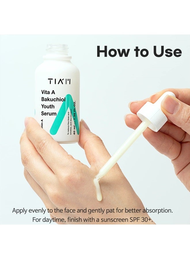 TIAM Vita A Bakuchiol Youth Serum, Anti-Aging Facial Serum for Wrinkles, Dark Spots, Suitable for Sensitive Skin, 1.35 FL.OZ. / 40ml