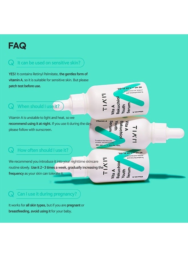 TIAM Vita A Bakuchiol Youth Serum, Anti-Aging Facial Serum for Wrinkles, Dark Spots, Suitable for Sensitive Skin, 1.35 FL.OZ. / 40ml
