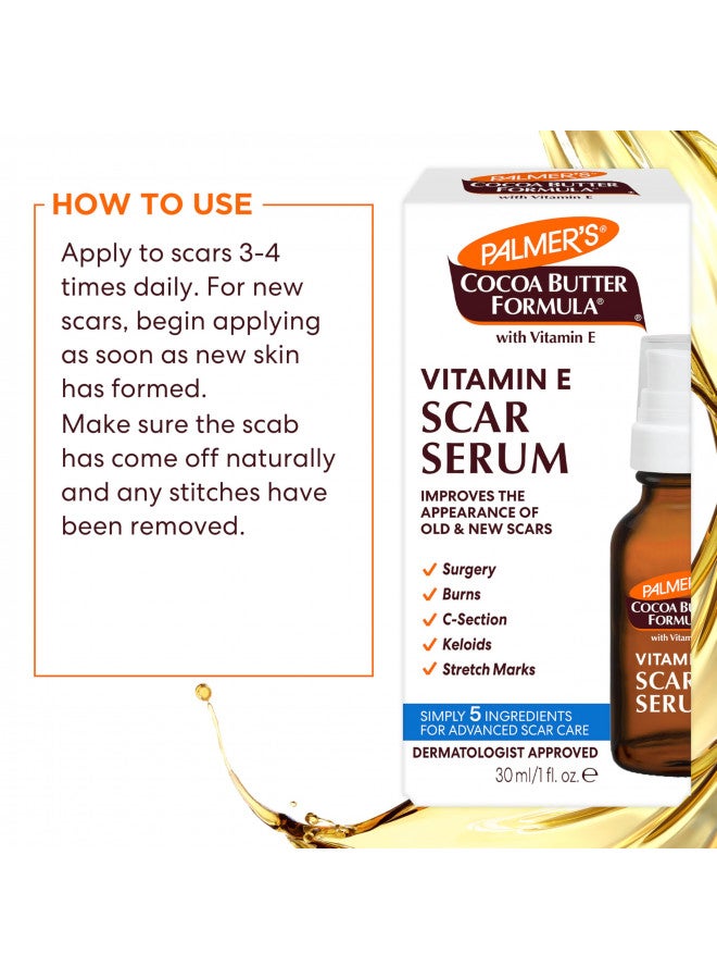 Palmer's Cocoa Butter Formula Scar Serum, Skin Brightening Oil for Face & Body, Concentrated Serum with Vitamin E, Fragrance Free, 1 Fl Oz