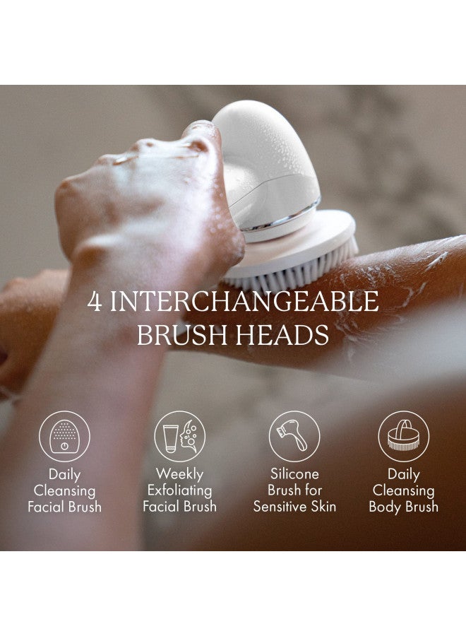 Vanity Planet Raedia 2.0 Facial Cleansing Brush, 4 Interchangeable Brush Heads, White - Daily Cleansing Face Exfoliator for Glowing & Acne Prone Skin - Lightweight Silicone Water-Resistant Body Brush
