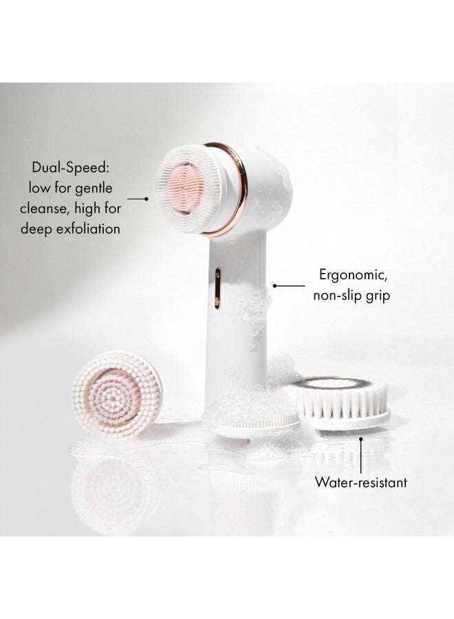 Vanity Planet Raedia 2.0 Facial Cleansing Brush, 4 Interchangeable Brush Heads, White - Daily Cleansing Face Exfoliator for Glowing & Acne Prone Skin - Lightweight Silicone Water-Resistant Body Brush