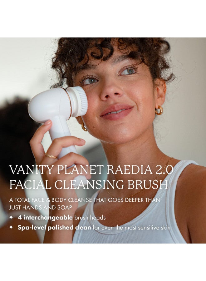 Vanity Planet Raedia 2.0 Facial Cleansing Brush, 4 Interchangeable Brush Heads, White - Daily Cleansing Face Exfoliator for Glowing & Acne Prone Skin - Lightweight Silicone Water-Resistant Body Brush