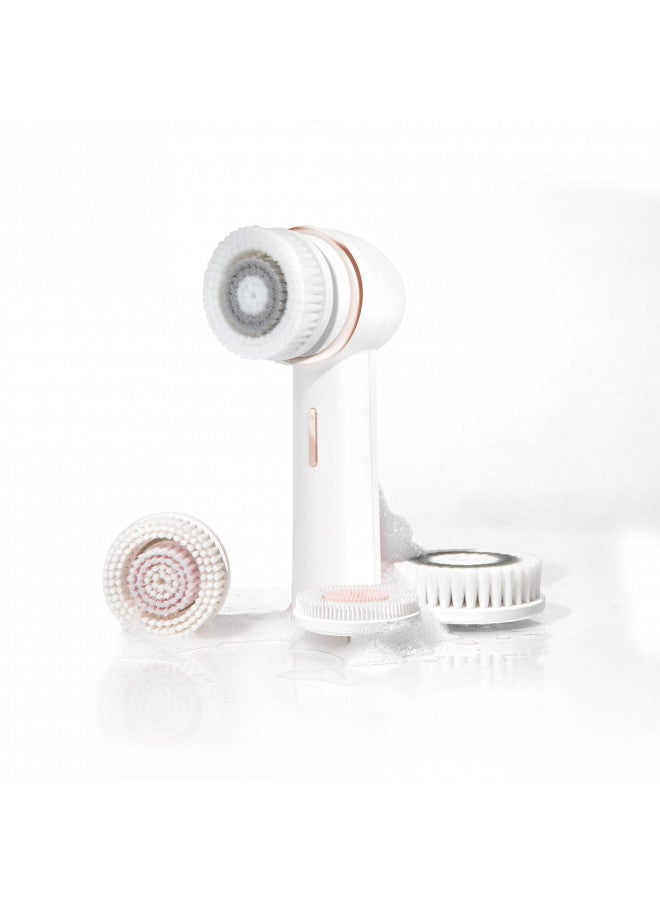 Vanity Planet Raedia 2.0 Facial Cleansing Brush, 4 Interchangeable Brush Heads, White - Daily Cleansing Face Exfoliator for Glowing & Acne Prone Skin - Lightweight Silicone Water-Resistant Body Brush