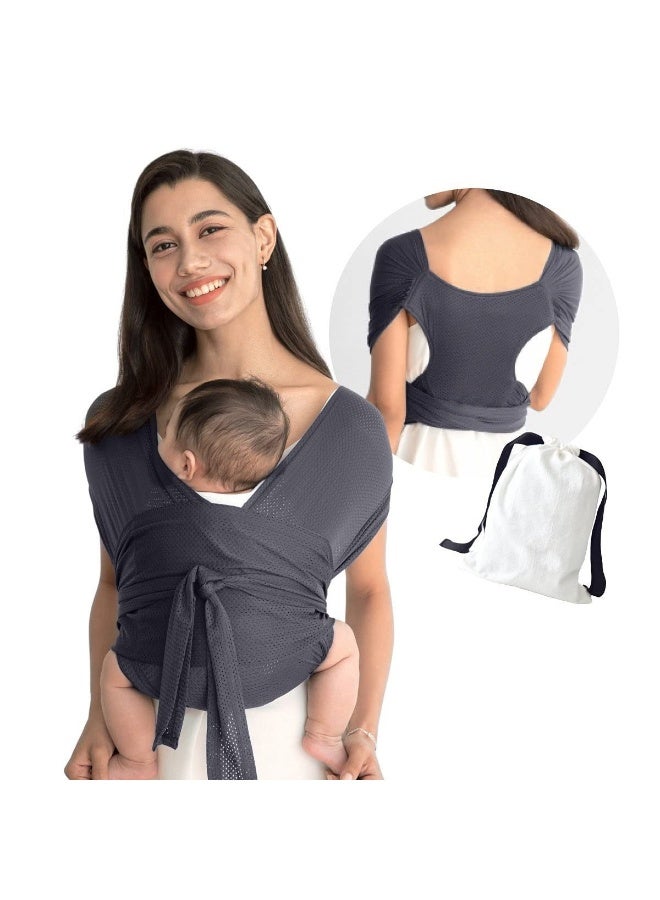 Baby Wrap Carrier Summer Mesh Breathable Baby Carrier Easy to Wear Hands-Free Baby Carrier Moisture Wicking Soft Ideal for Newborns and Kids Under 44lbs (Grey)