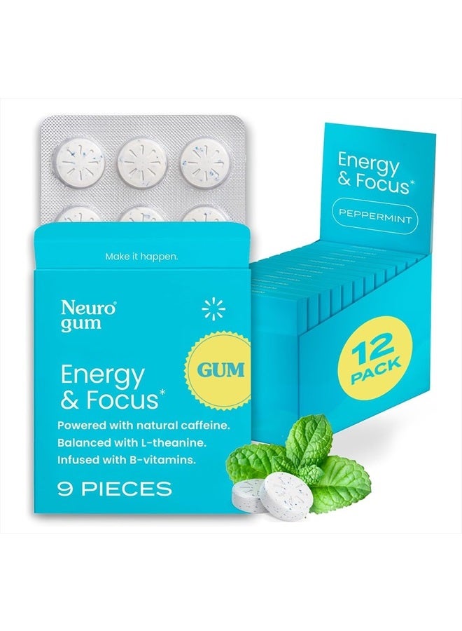 Energy Caffeine Gum (108 Pieces) - Sugar Free with L-theanine + Natural Caffeine + Vitamin B12 & B6 - Nootropic Energy & Focus Supplement for Women & Men - Keto & Vegan, Peppermint Flavor