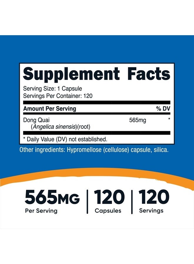 Dong Quai 565mg, 120 Capsules - Gluten Free, Non-GMO, Vegetarian Capsules - Angelica Sinensis