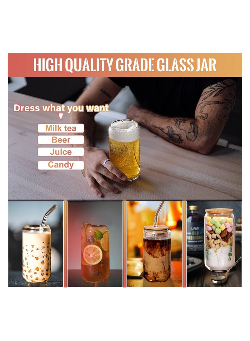 Glass Cans with Bamboo Cover, Can Shaped Glass Glass Cups Transparent Water Cup Juice Drink Cup Drinking Cups with Straw for Water and Mixed Drink for Any Drink and Any Occasion ( 500 Ml )