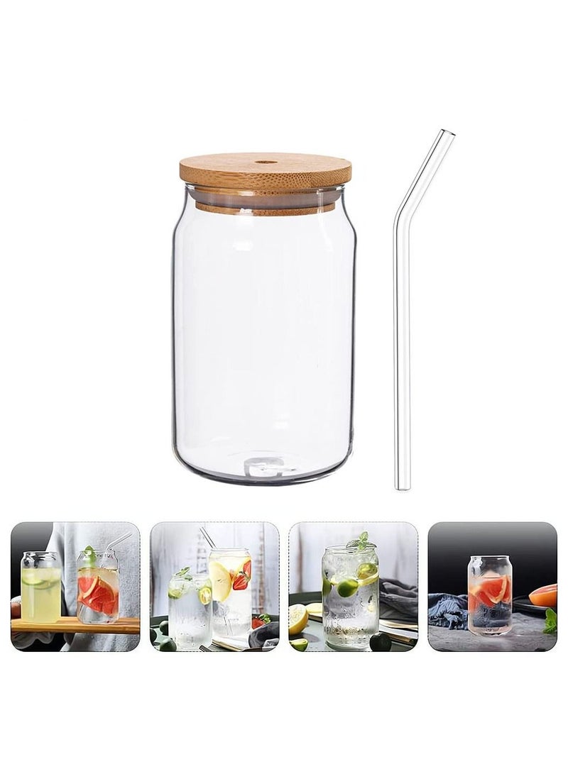 Glass Cans with Bamboo Cover, Can Shaped Glass Glass Cups Transparent Water Cup Juice Drink Cup Drinking Cups with Straw for Water and Mixed Drink for Any Drink and Any Occasion ( 500 Ml )