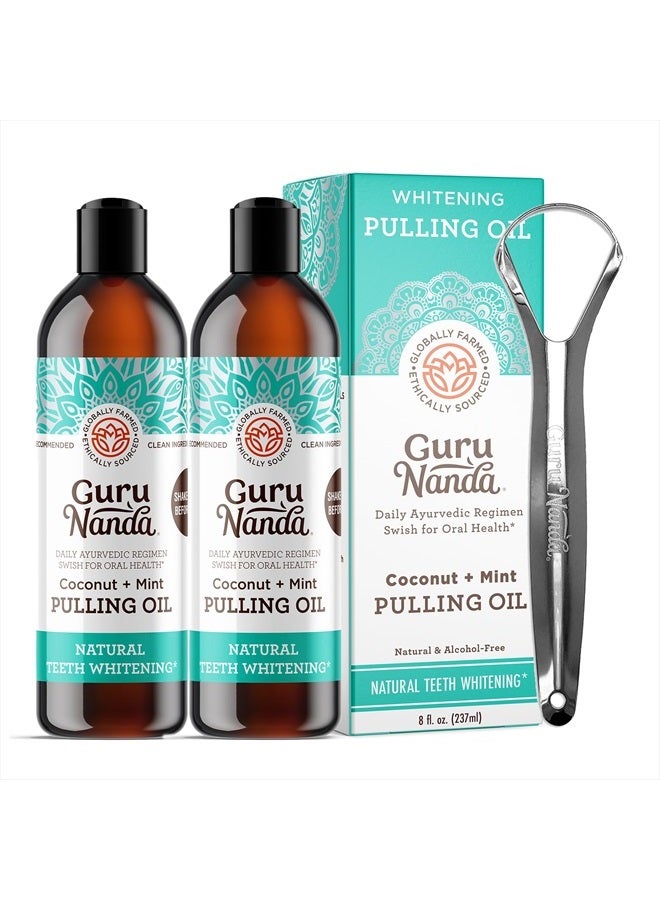 Whitening Pulling Oil with Coconut Oil & Peppermint Essential Oil for Oral Health, Natural Teeth Whitening, Helps with Fresh Breath, Healthy Gums, Alcohol Free Mouthwash (8 Fl.Oz. x 2)